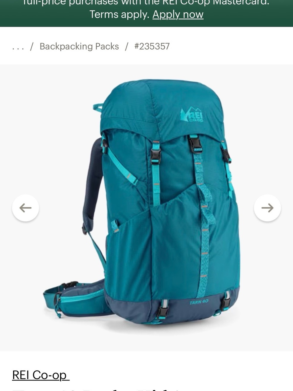 REI Co-op Teal / Dark Blue TARN 40 Backpack